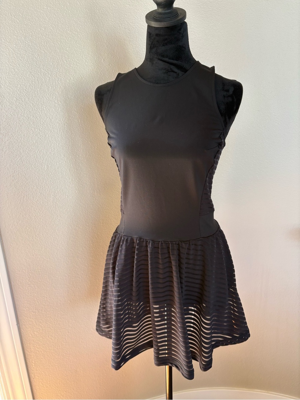 Athleta Black Mini Dress with Sheer Striped Skirt